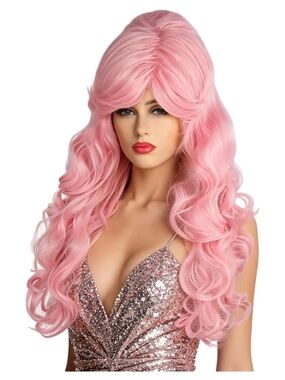Long Curly Beehive  Pink Women's Wig with Side-Swept Bangs